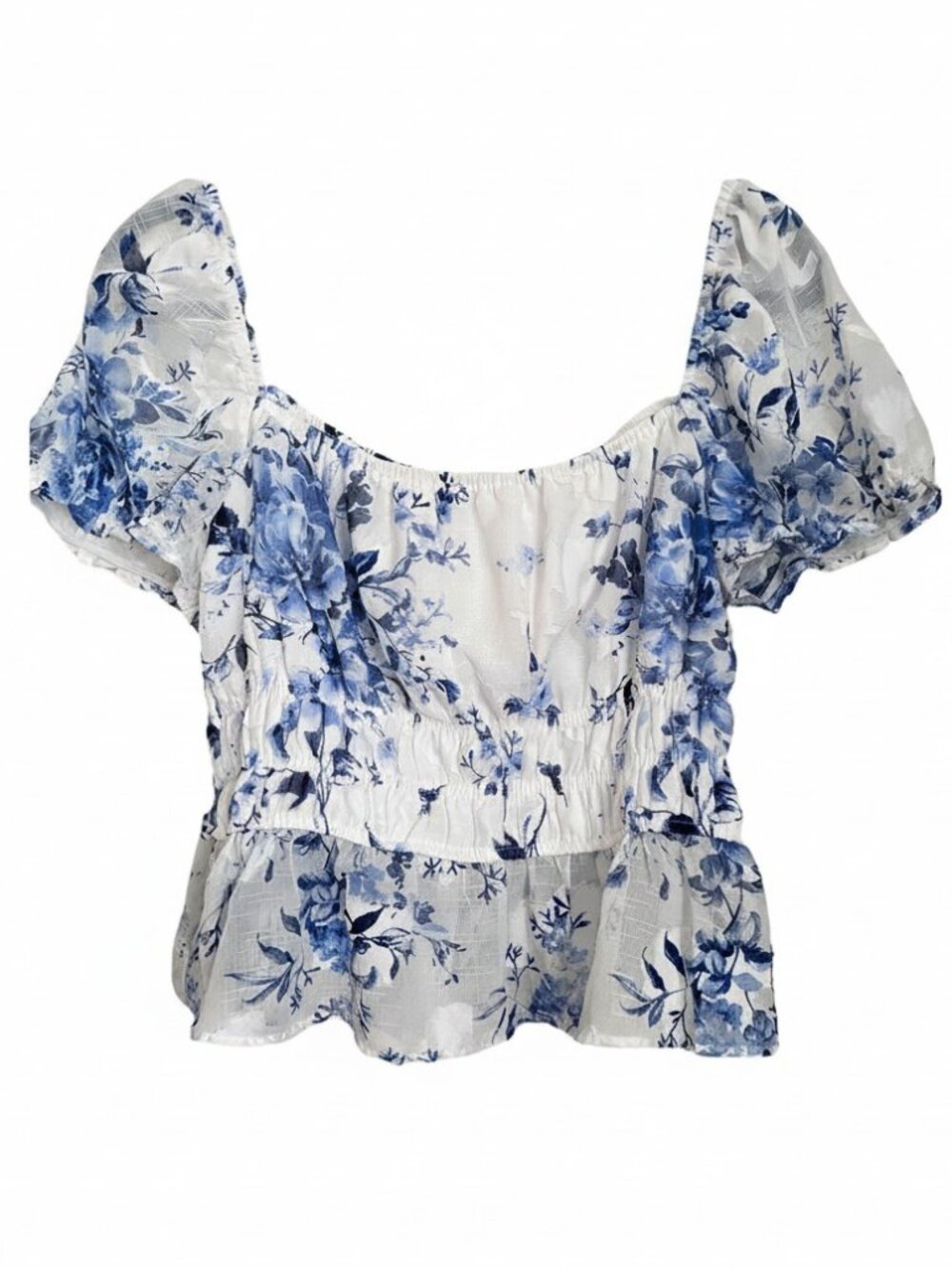 Blue Floral Smocked Puff Sleeve Top Cottagecore Coastal Blouse Clean Girl SZ XL